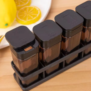 4pc Smoked Black Spice Jar Set Dual-Lid with Tray