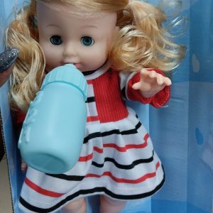 Talking and blinking doll with feeding bottle
